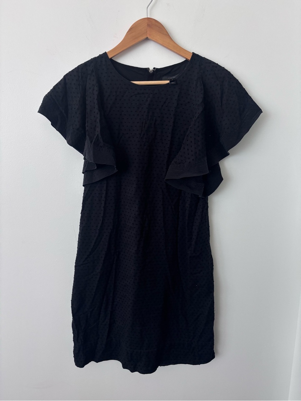 J. Crew black Swiss dot dress with flutter sleeves